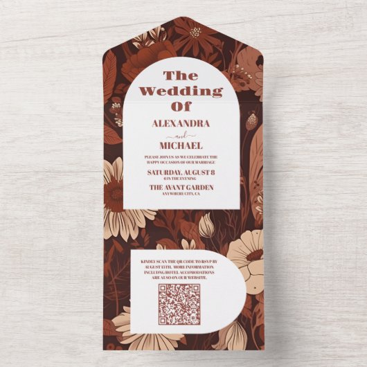 QR Code Burgundy Wildblumen Hochzeit All In One Einladung (Innen Boden)