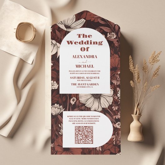 QR Code  Burgundy Wildflowers Wedding All In One Einladung