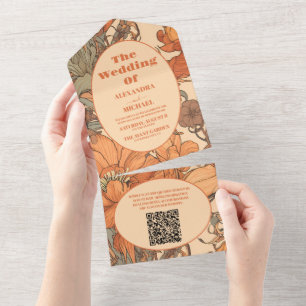 QR-Code burnt orange Art Nouveau Blumen Hochzeit All In One Einladung