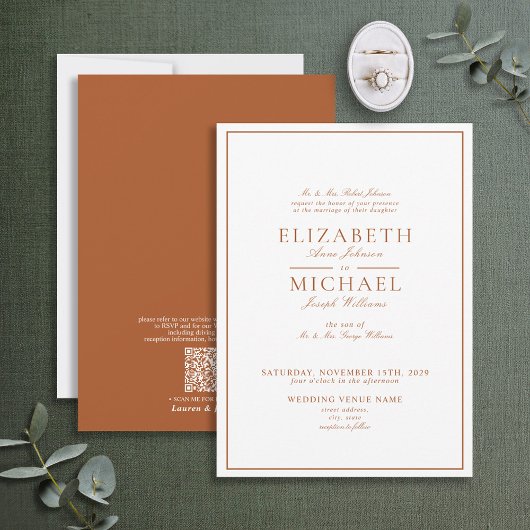 QR Code Burnt Orange Classic Script Wedding Einladung
