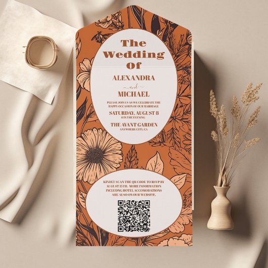 QR Code Burnt Orange Wildblumen Hochzeit All In One Einladung