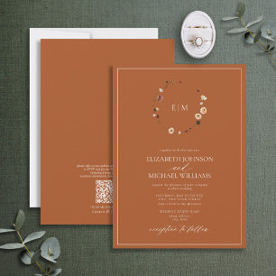 QR Code Burnt Rust Floral Wreath Monogramm Hochzei Einladung