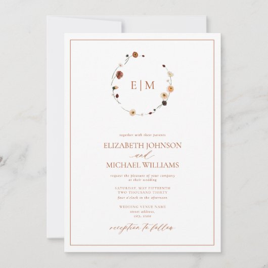 QR Code Burnt Rust Floral Wreath Monogramm Hochzei Einladung (Vorderseite)