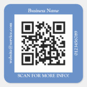 QR Code Bus. Name Website Promo, blau Quadratischer Aufkleber (Vorderseite)