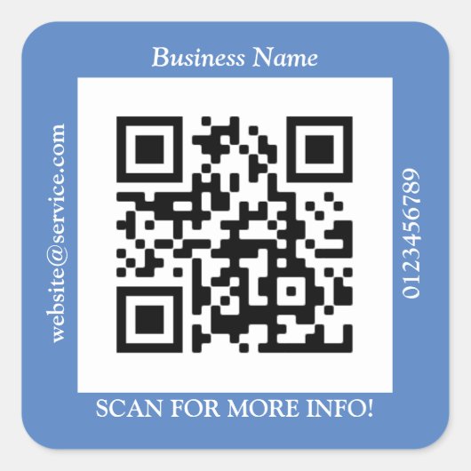 QR Code Bus. Name Website Promo, blau Quadratischer Aufkleber (Vorderseite)