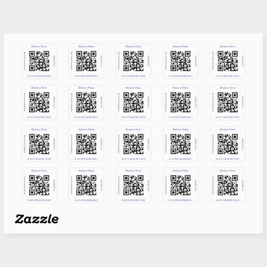 QR Code Bus. Name Website Promo, Blauer Text Quadratischer Aufkleber (Blatt)