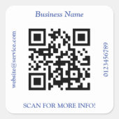 QR Code Bus. Name Website Promo, Blauer Text Quadratischer Aufkleber (Vorderseite)