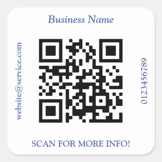 QR Code Bus. Name Website Promo, Blauer Text Quadratischer Aufkleber (Vorderseite)