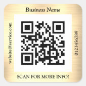 QR Code Bus. Name Website Promo, Brushed Yel. Gold Quadratischer Aufkleber (Vorderseite)