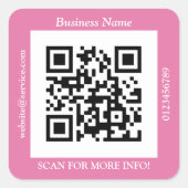 QR Code Bus. Name Website Promo, rosa Quadratischer Aufkleber (Vorderseite)