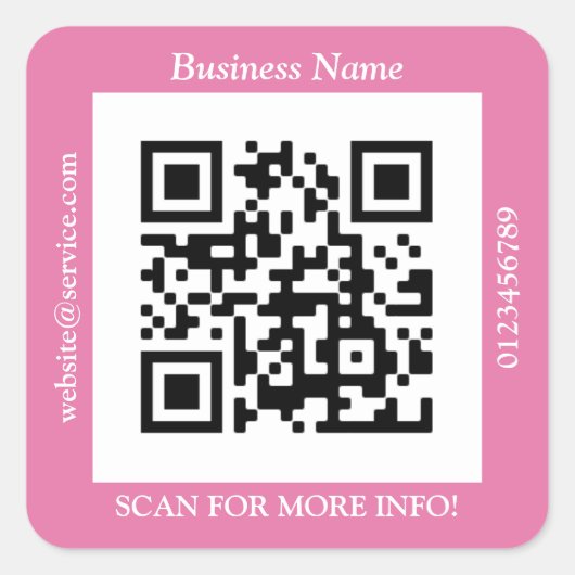QR Code Bus. Name Website Promo, rosa Quadratischer Aufkleber (Vorderseite)