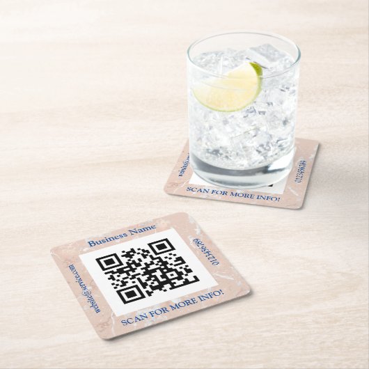 QR Code Bus. Name, Website Promo, Rose Gold Marble Rechteckiger Pappuntersetzer (Vor Ort)