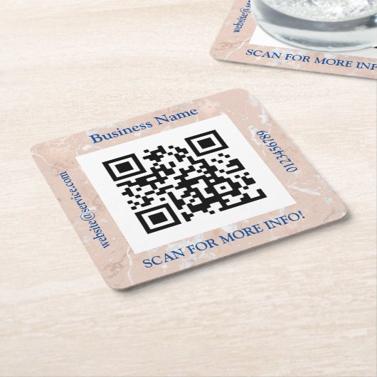 QR Code Bus. Name, Website Promo, Rose Gold Marble Rechteckiger Pappuntersetzer (angewinkelt)