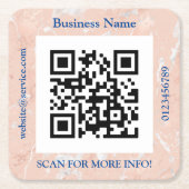 QR Code Bus. Name, Website Promo, Rose Gold Marble Rechteckiger Pappuntersetzer (Vorderseite)