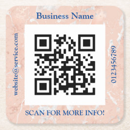 QR Code Bus. Name, Website Promo, Rose Gold Marble Rechteckiger Pappuntersetzer