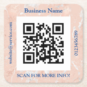 QR Code Bus. Name, Website Promo, Rose Gold Marble Rechteckiger Pappuntersetzer