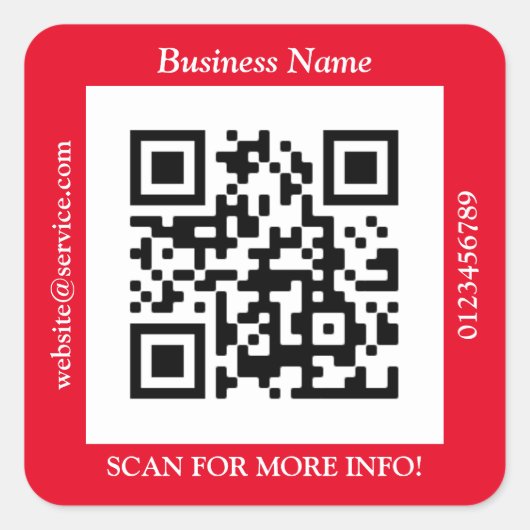 QR Code Bus. Name Website Promo, rot Quadratischer Aufkleber (Vorderseite)