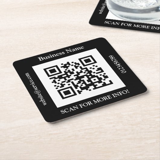 QR Code Bus. Name Website Promo, schwarz Rechteckiger Pappuntersetzer (angewinkelt)