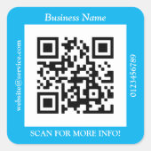 QR Code Bus. Name Website Promo, Sky Blue Quadratischer Aufkleber (Vorderseite)