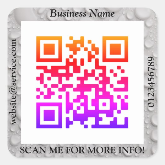 QR-Code Bus. Name Website Promo, Wassertropfen qua Quadratischer Aufkleber (Vorderseite)