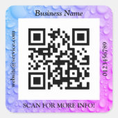 QR Code Bus. Name Website Promo, Water Droplets Quadratischer Aufkleber (Vorderseite)