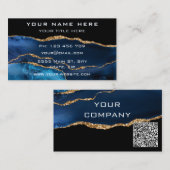QR Code Business Card Agate Navy Blue Gold Glitzer Visitenkarte (Vorne/Hinten)