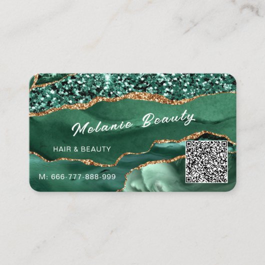 QR Code Business Card Emerald Green Gold Glitzer Visitenkarte (Vorderseite)