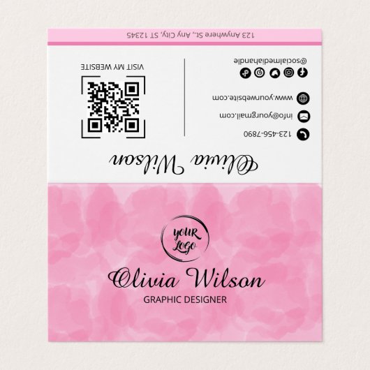 QR Code Business Card Rosa Modern Einfach Visitenkarten (Außenseite Aufgefaltet)