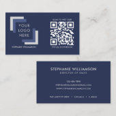 QR Code Business Custom Logo Navy Moderne Visitenkarte (Vorne/Hinten)