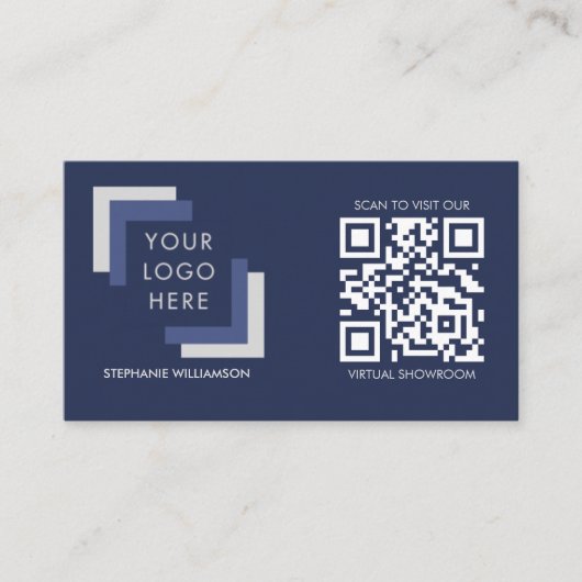 QR Code Business Custom Logo Navy Moderne Visitenkarte (Vorderseite)
