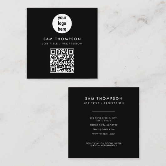 QR Code Business-Logo Modern Minimalistisch Schwar Quadratische Visitenkarte (Vorne/Hinten)