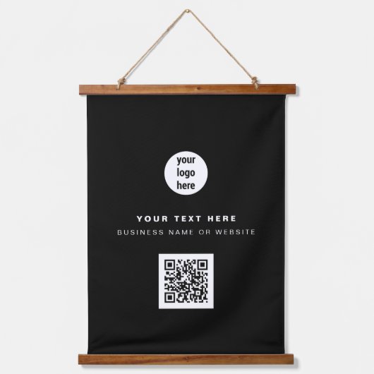 QR Code Business-Logo Modern Minimalistisch Schwar Wandteppich Mit Holzrahmen (Vorderseite)