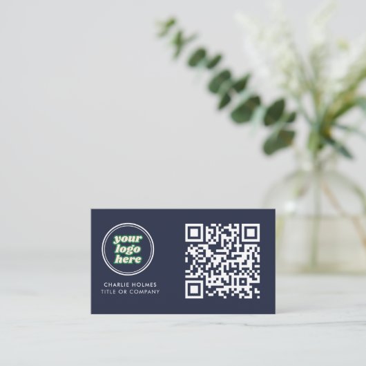 QR-Code-Business-Logo | Navy Modern Beruflich Visitenkarte (Stehend Vorderseite)