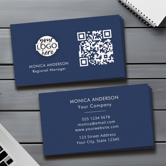 QR Code Business-Logo Navy Moderne Berufliche Visitenkarte