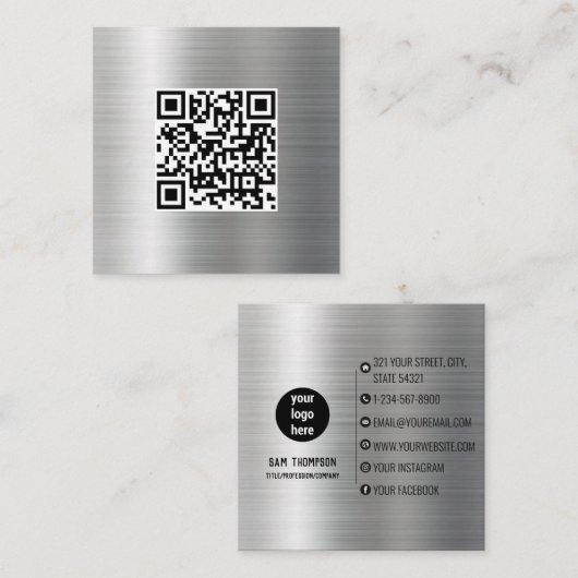 QR-Code-Business-Logo-Visitenkarte für Silver Meta Quadratische Visitenkarte (Vorne/Hinten)