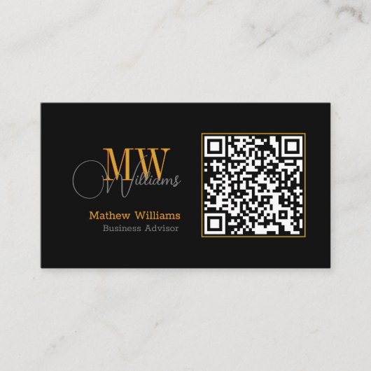 QR Code Business, modern | Black Monogram Pro Visitenkarte (Vorderseite)