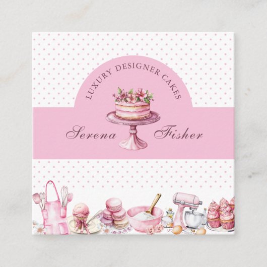 QR Code Cake Baker Polka Dot Chic Pink Quadratische Visitenkarte (Vorderseite)