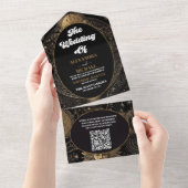 QR Code Celestial Black Gold Wedding All In One Einladung (Abreißen)
