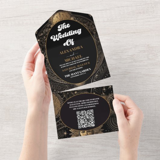 QR Code Celestial Black Gold Wedding All In One Einladung (Abreißen)