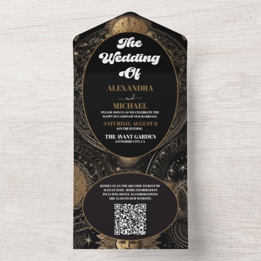 QR Code Celestial Black Gold Wedding All In One Einladung (Innen Boden)