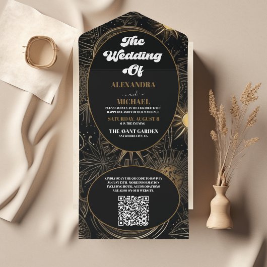 QR Code Celestial Black Gold Wedding All In One Einladung