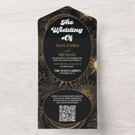 QR Code Celestial Black Gold Wedding All In One Einladung (Innen Boden)