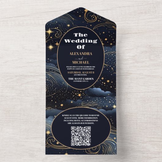 QR Code Celestial Midnight Blue Stars Moon Wedding All In One Einladung (Innen Boden)