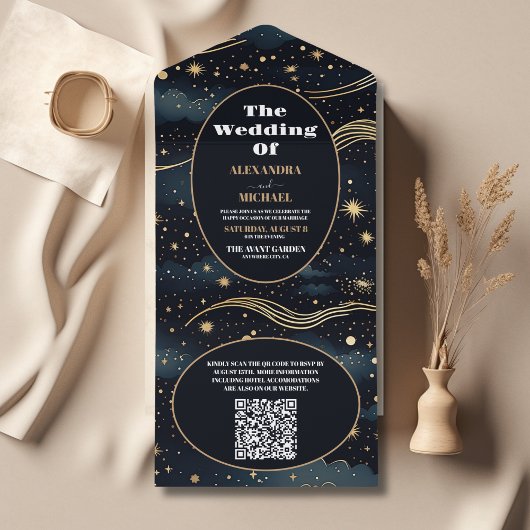 QR Code Celestial Midnight Blue Stars Moon Wedding All In One Einladung