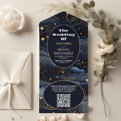 QR Code Celestial Midnight Blue Stars Moon Wedding All In One Einladung
