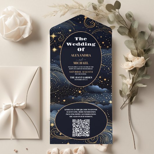 QR Code Celestial Midnight Blue Stars Moon Wedding All In One Einladung