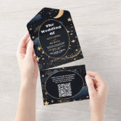 QR Code Celestial Midnight Blue Stars Moon Wedding All In One Einladung (Abreißen)