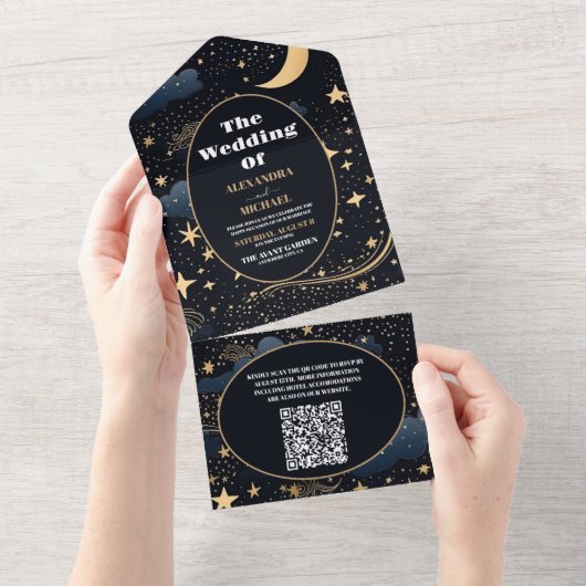 QR Code Celestial Midnight Blue Stars Moon Wedding All In One Einladung (Abreißen)