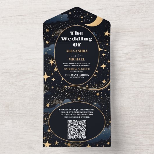 QR Code Celestial Midnight Blue Stars Moon Wedding All In One Einladung (Innen Boden)