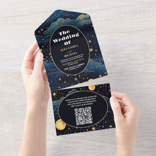 QR Code Celestial Midnight Blue Stars Moon Wedding All In One Einladung (Abreißen)
